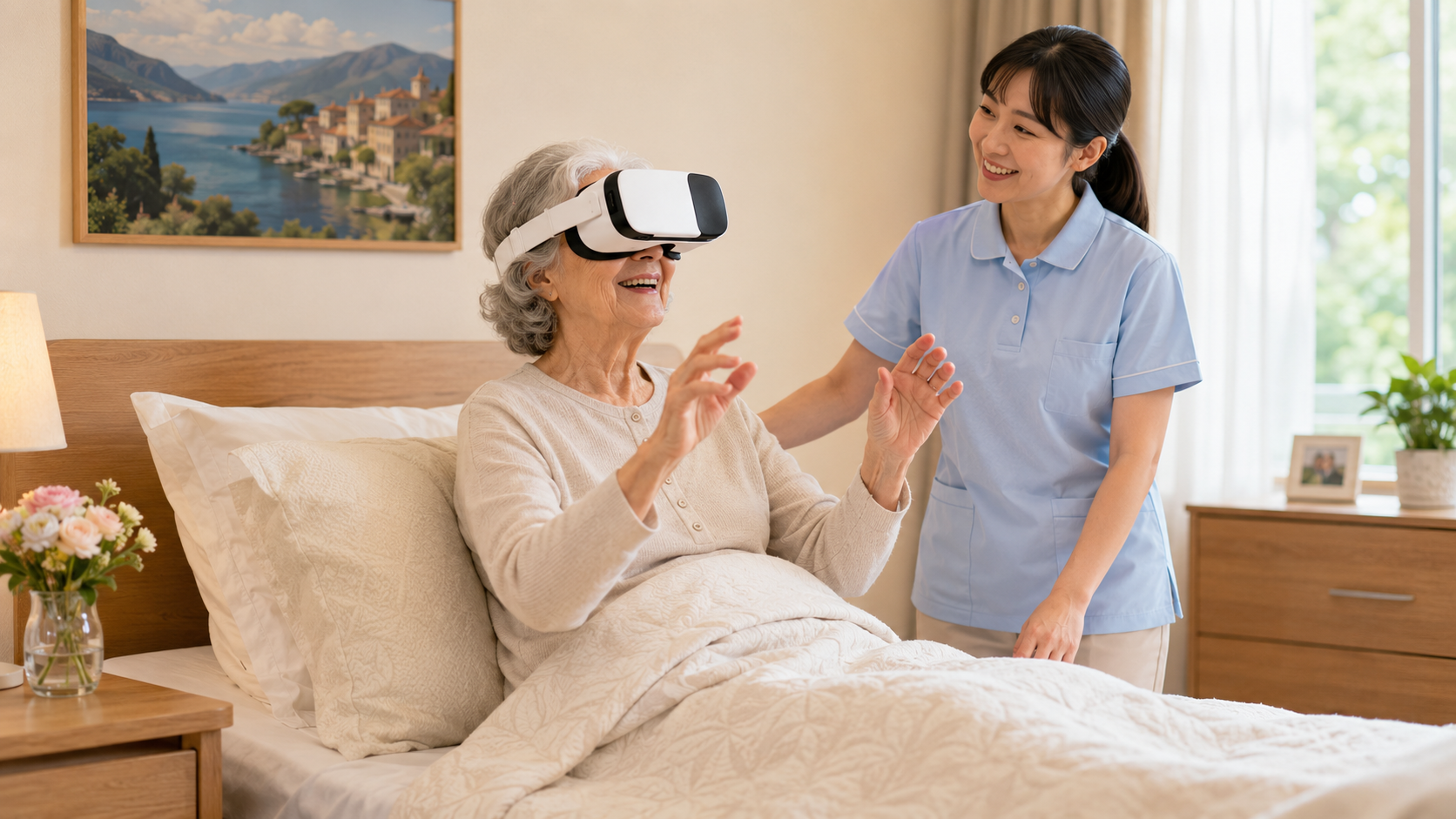 介護施設の寝室で、ベッドで上半身を起こした高齢女性がVRゴーグルを装着し、スタッフに見守られながら笑顔で体験しているイメージ