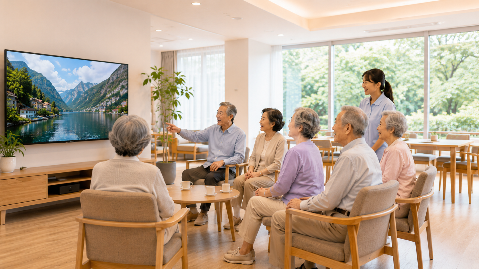 高齢者施設で利用者の方々が世界の景色を見ながら会話を楽しんでいるイメージ
