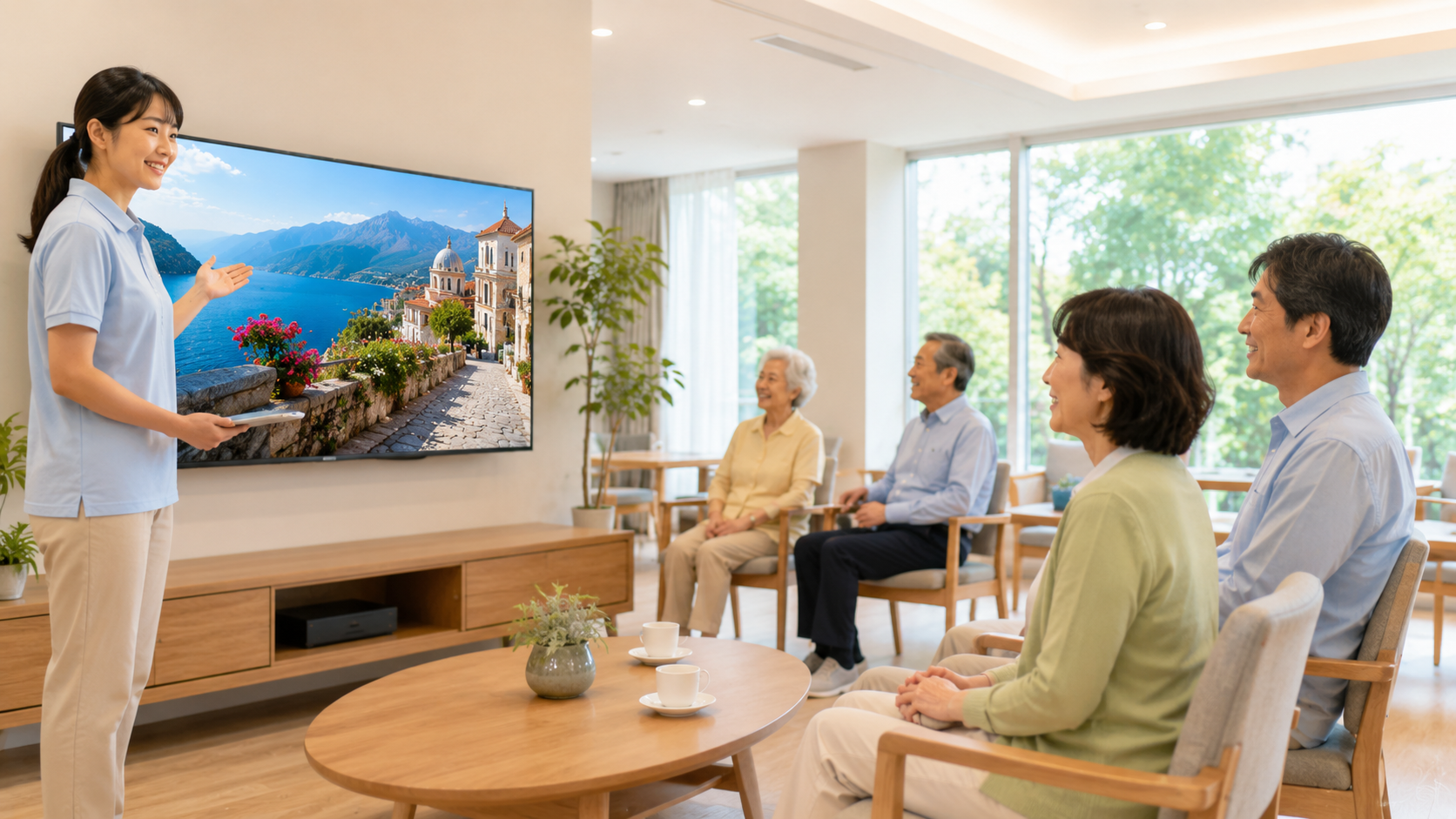 施設見学時にスタッフが家族や利用者に大型テレビでEASYTRIPの旅行映像を紹介しているイメージ