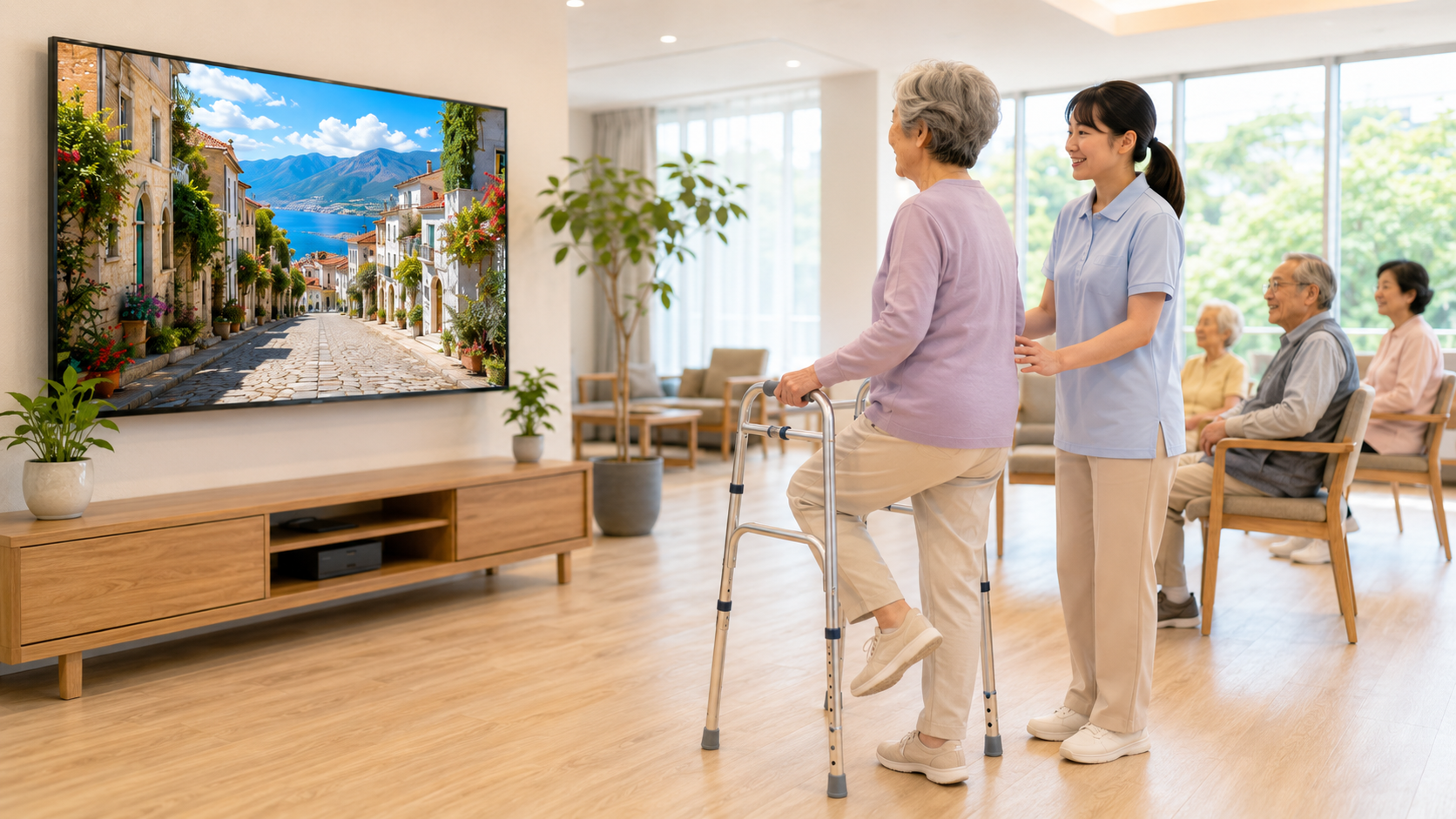 明るい介護施設の共有スペースで、高齢者の方が大型テレビに映る海外の景色を見ながら歩行器を使って運動を楽しんでいるイメージ