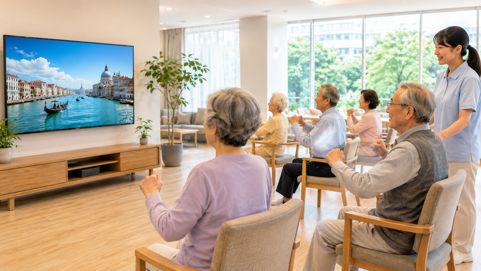デイサービスで高齢者の方々が大型テレビの旅行映像を見ながら座位運動をしているイメージ