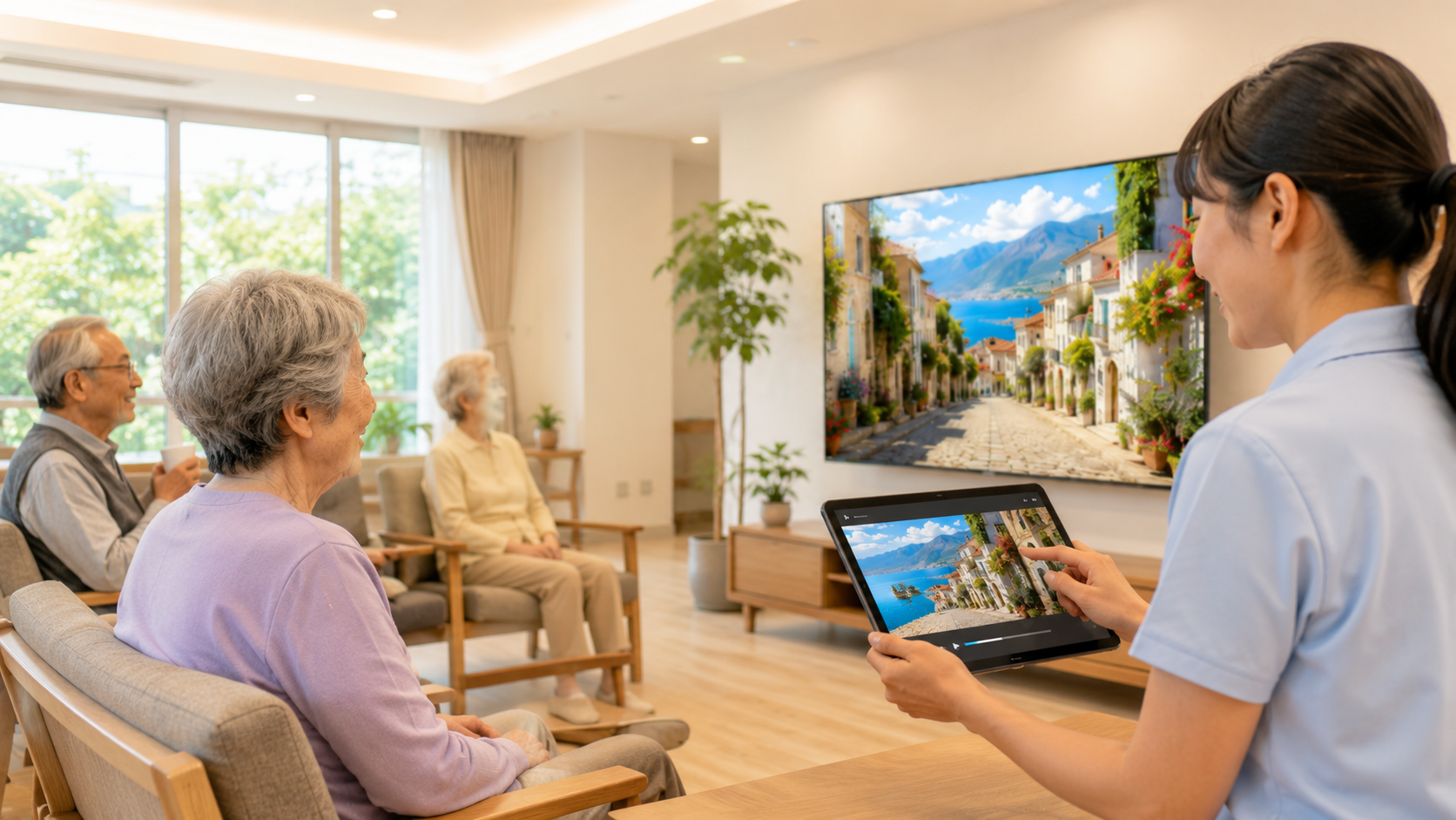 介護施設のスタッフがタブレットで旅行映像を選択し、大型テレビに表示しているイメージ