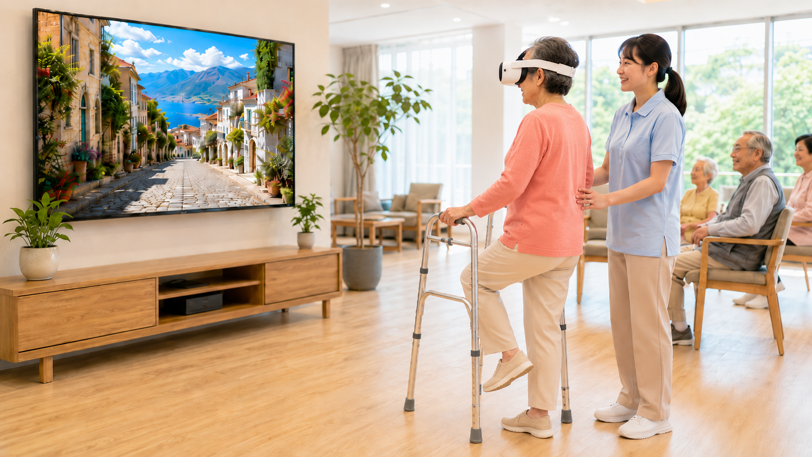高齢者施設で利用者の方がVRゴーグルと固定式歩行器を使い、スタッフの見守りのもとで旅行映像を体験しているイメージ
